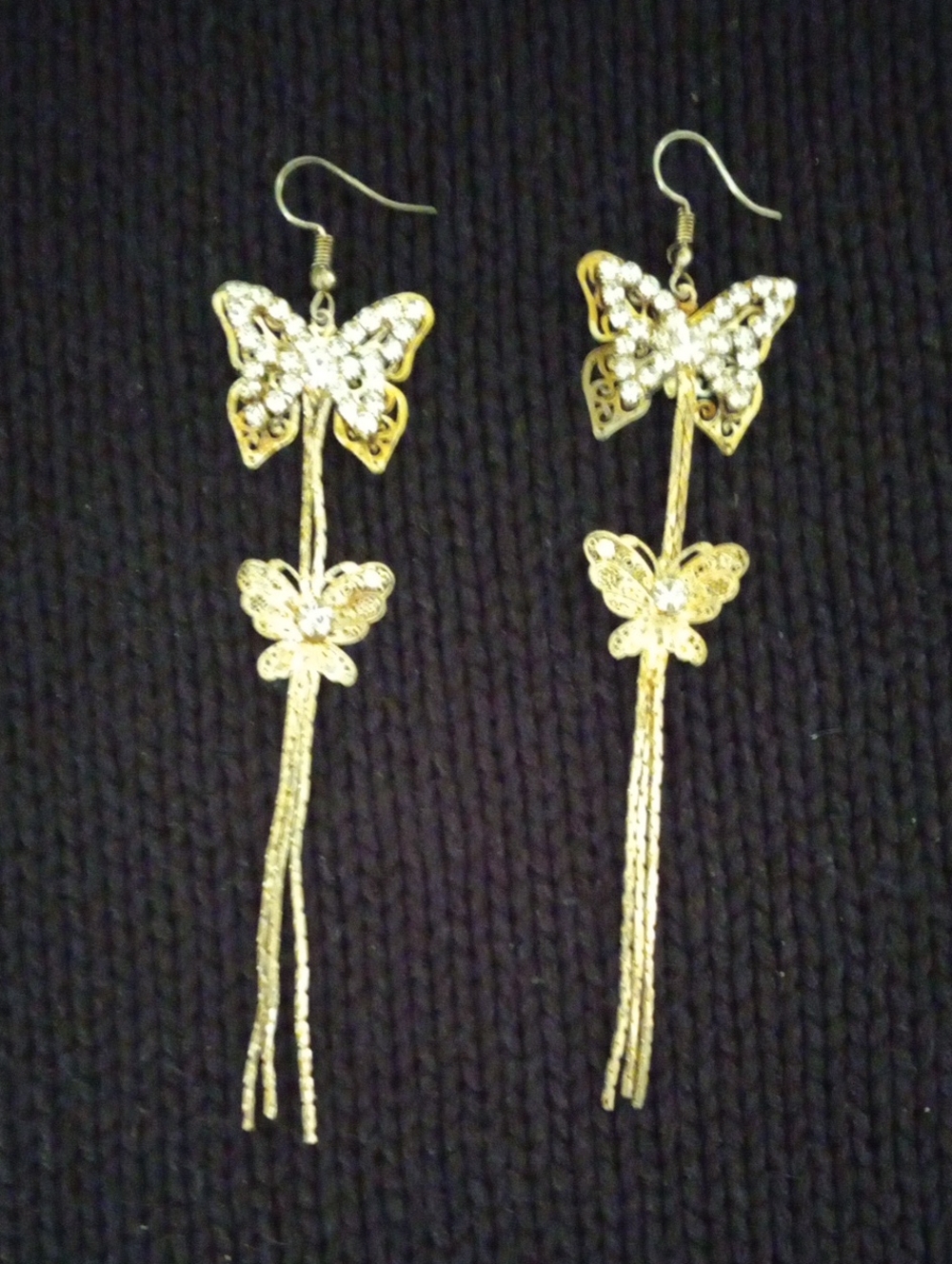 Gold Tone Filigree Butterfly Tassel Drop Earrings Long Boho Dangle